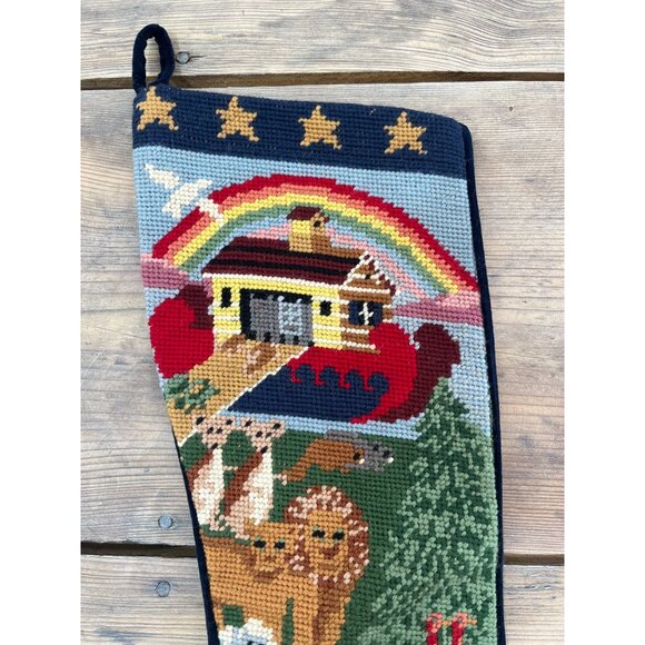 VTG Noah's Ark Wool Needlepoint Christmas Stocking Navy Velvet 1994 C & F Ent. - Picture 3 of 6